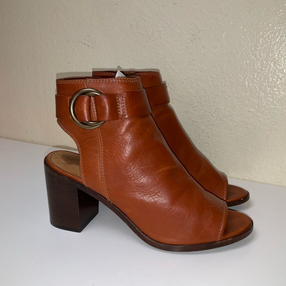 Frye Brown Danica Harness Open Toe Womens Ankle Leather Booties  Size 9.5